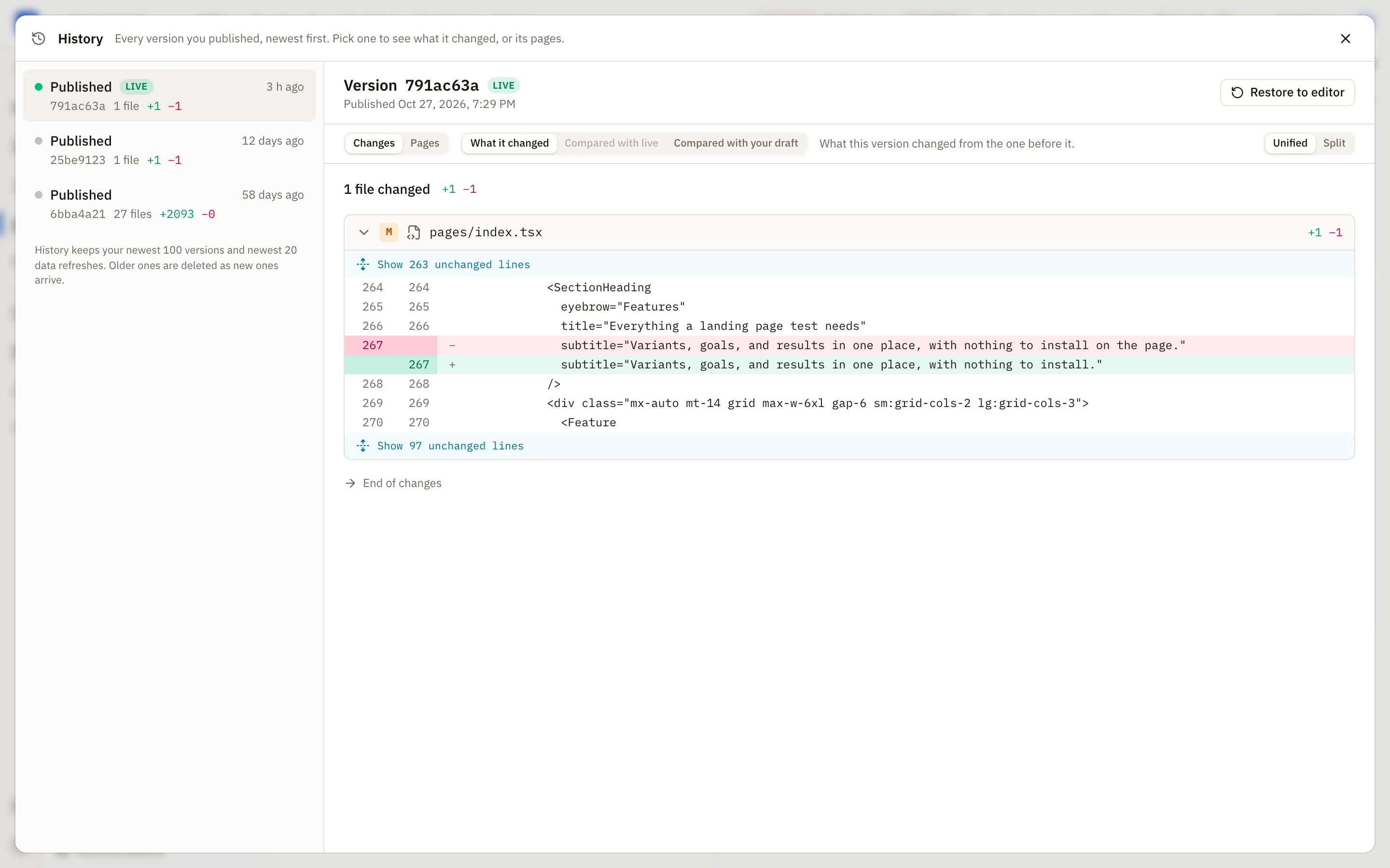 Version history: a list of published versions and what the newest changed