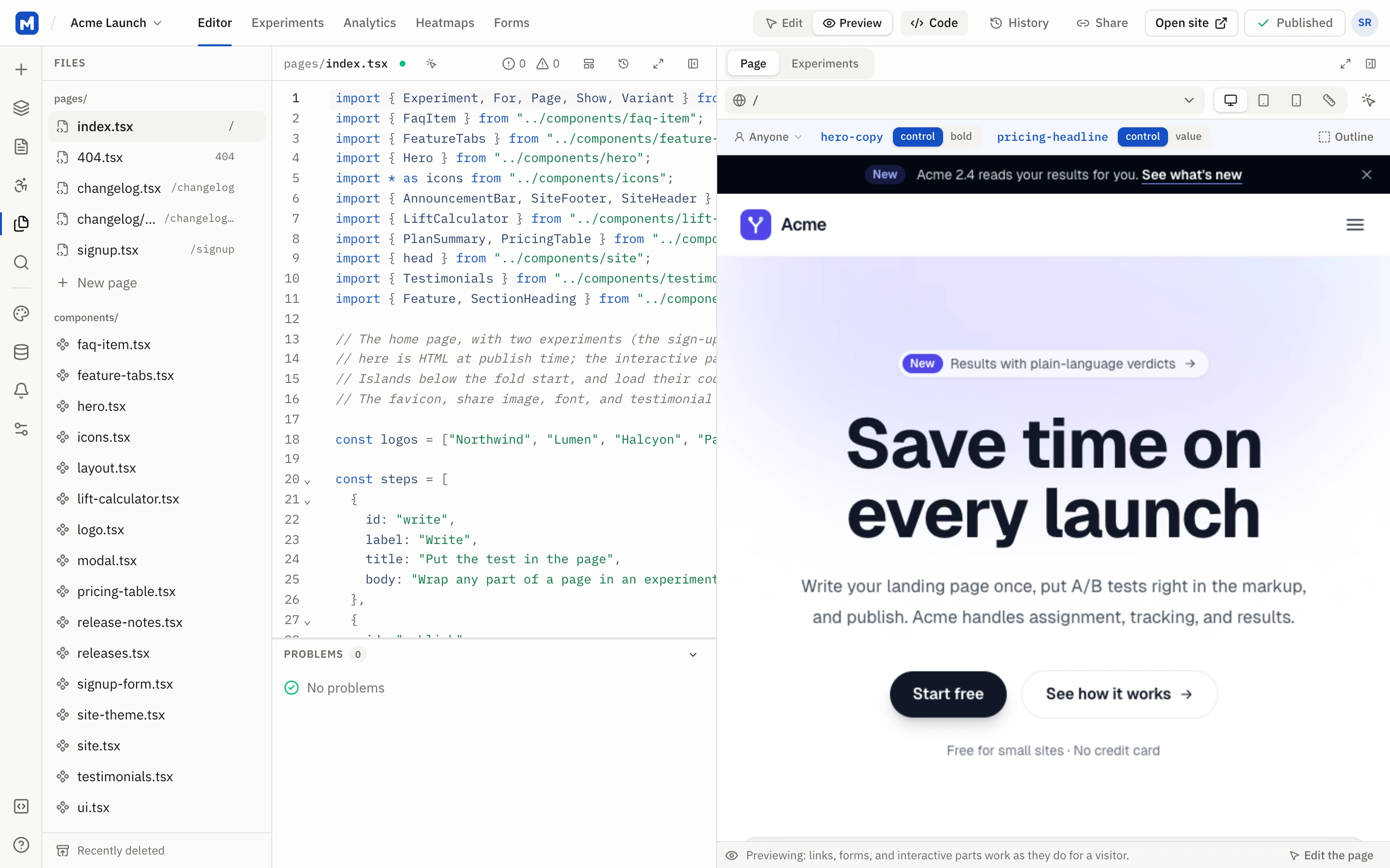 Mockly's studio: the file list, a page's code, and a live preview of the site